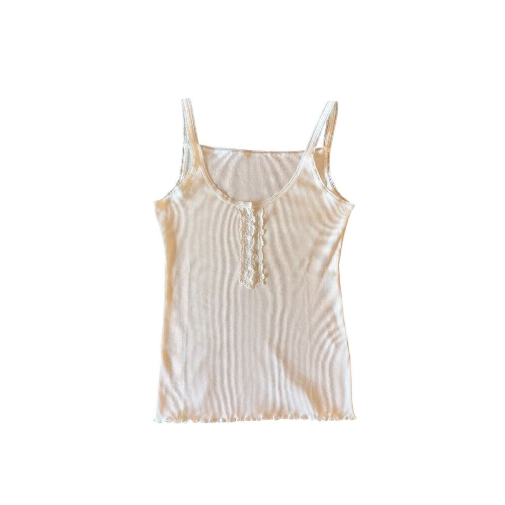 Sundance Living White Lace Tank/Camisole with Buttons, Lettuce Hem, Size Small
